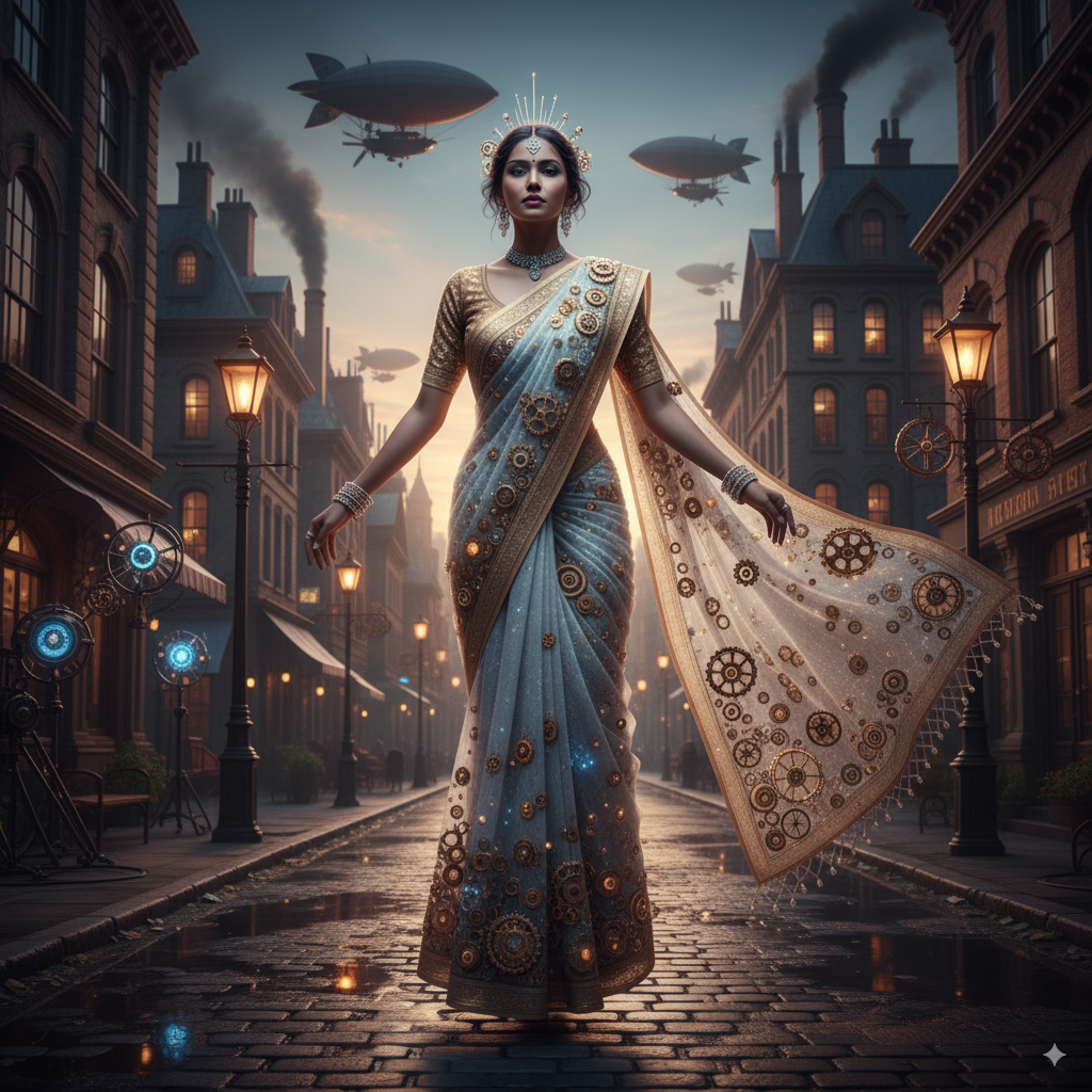Steampunk-inspired Nano Banana Saree made of bronze banana fibers and mechanical nano-gears, model posing in a Victorian industrial city, cinematic lighting, intricate details.